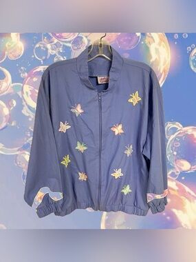 Vintage Southern Stitches and More periwinkle patchwork butterfly windbreaker